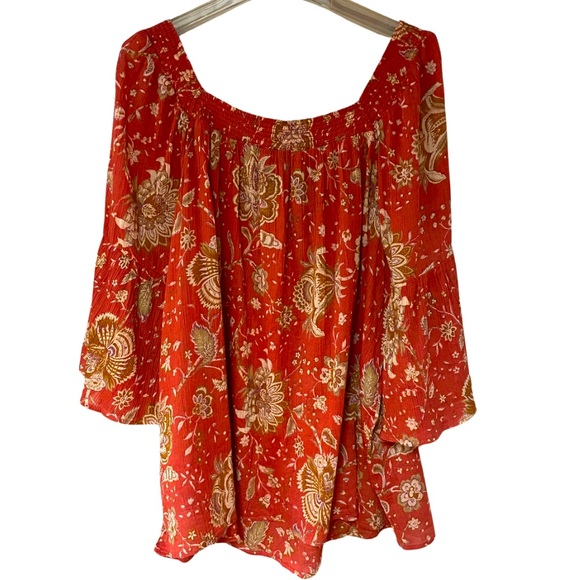 Chaps Orange Beige Floral Cotton Square Neck Bell Sleeve Top Sz 1X - Picture 2 of 6